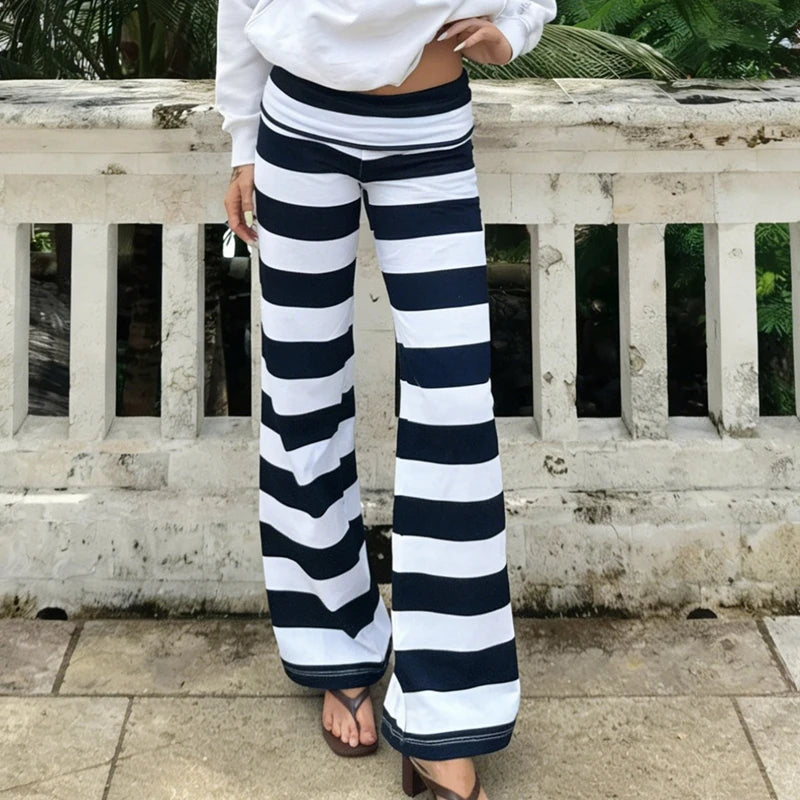 Coquette Low Rise Yoga Pants Lounge Bottoms Elegant Striped Fold Over Pants Y2k Vintage Wide Leg Flare Leggings Sweatpants