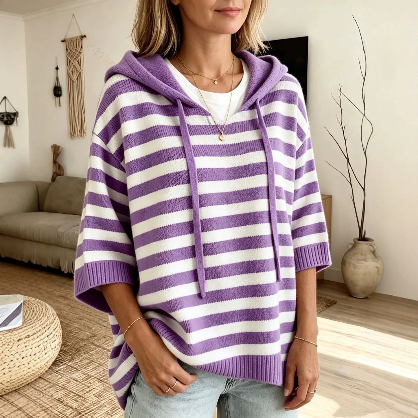 Women's Sweater New Hooded Drawstring Knitted Sweater Loose Long Sleeve Striped Jumper Women