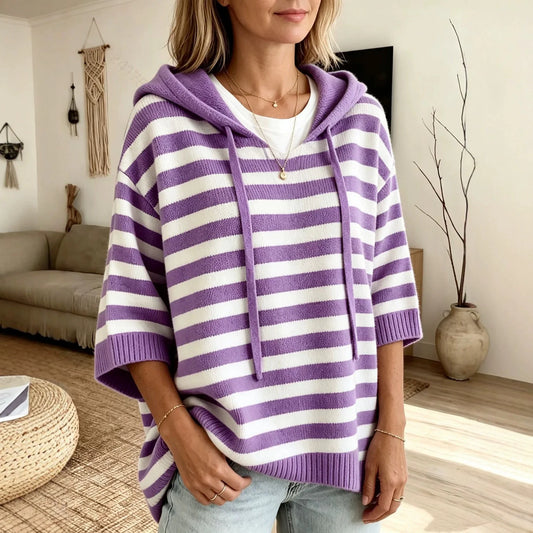 Women's Sweater New Hooded Drawstring Knitted Sweater Loose Long Sleeve Striped Jumper Women