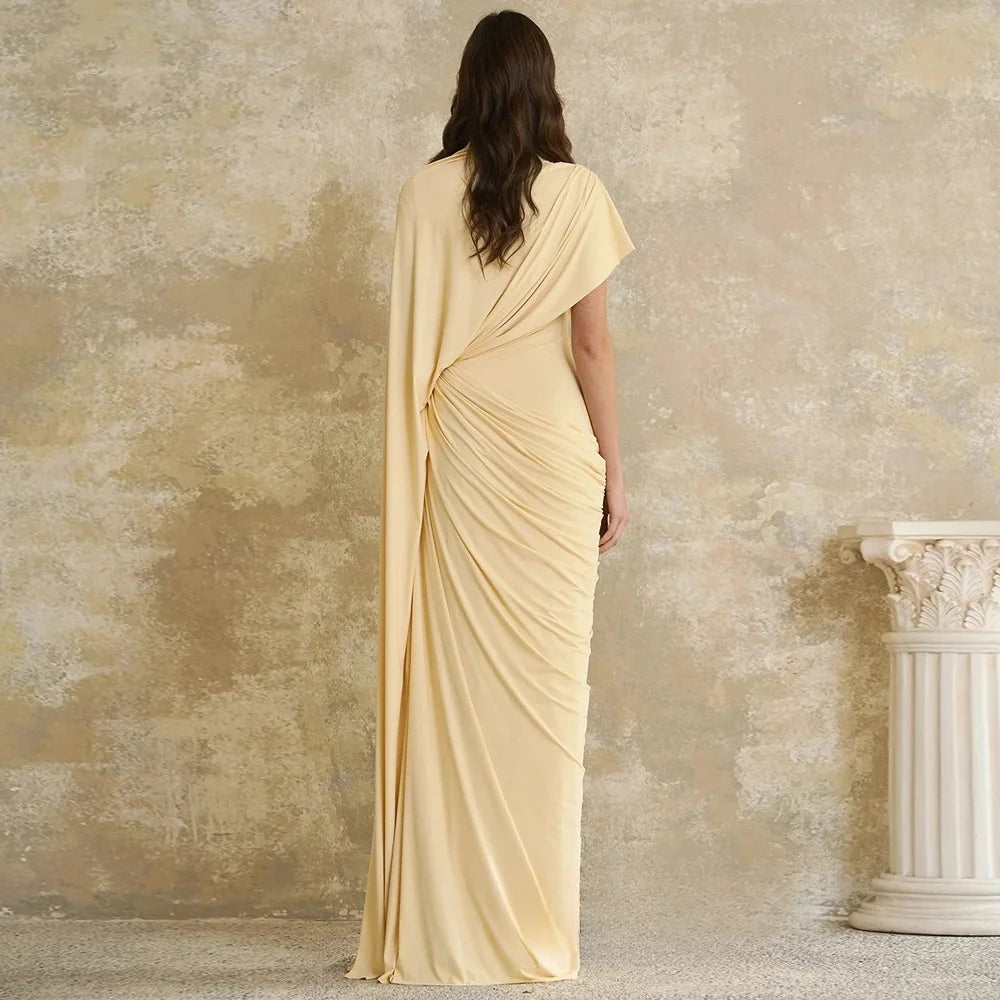 Modern Evening Dress فساتين سهره Customized Round Neck with Cape Pleat Ruched Sheath Arabian Prom Gown Formal Dresses