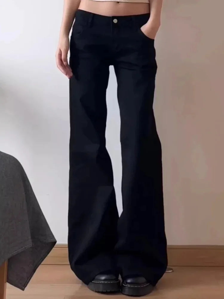 Plus Size American Style Spicy Girl Black Low Waist Wide Leg Micro Flared Jeans Women's Early Autumn Loose Fit Versatile Straigh