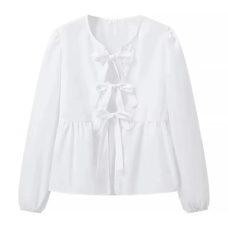 HH Shirts For Women Elegant Front Bow Tie Solid Blouse Puff Sleeve Spring Summer Casual Beach Vacation Streetwear Party Top