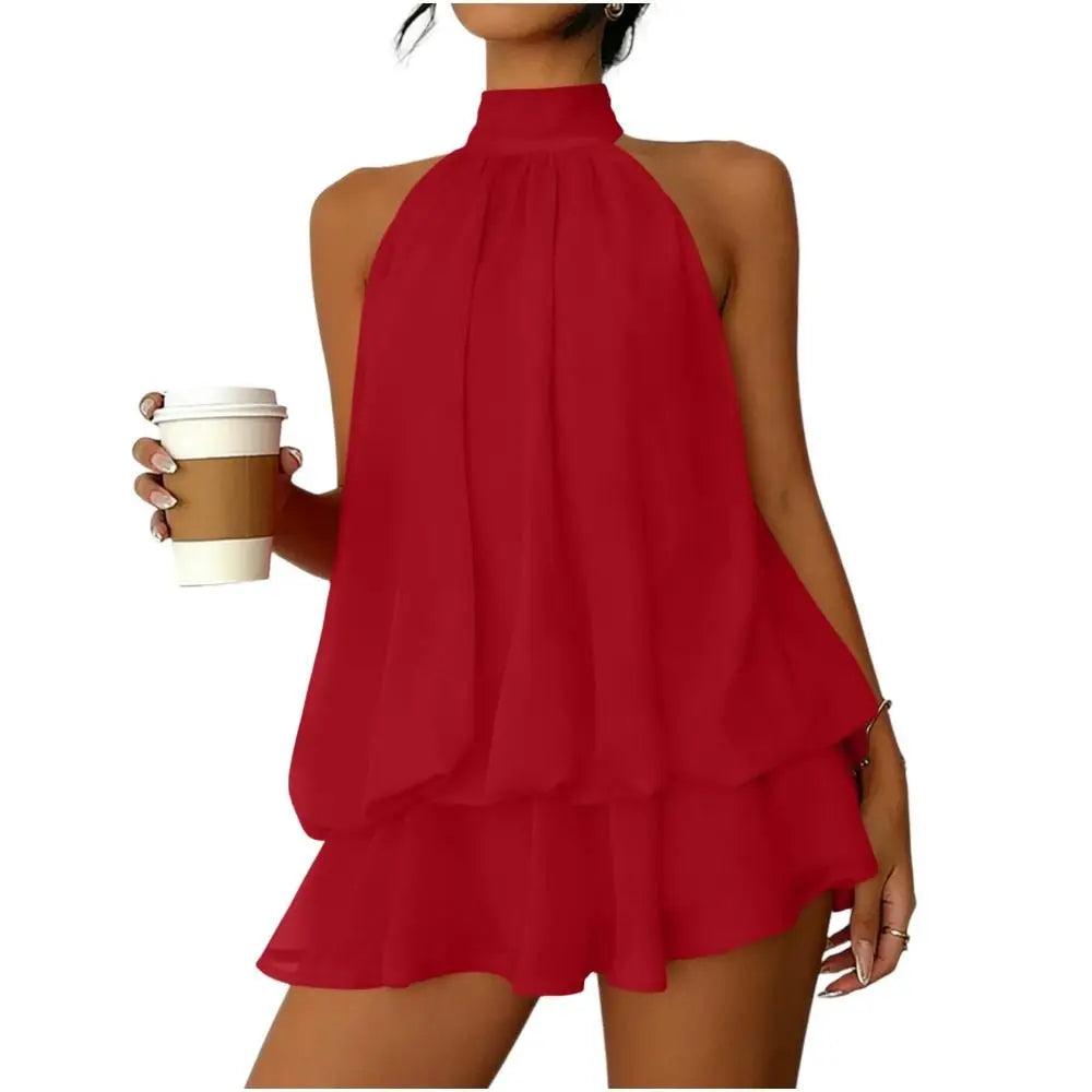 New Halter Tie Party Dress Backless Chiffon Going Out Dresses Sleeveless Ruffle Brunch Outfit