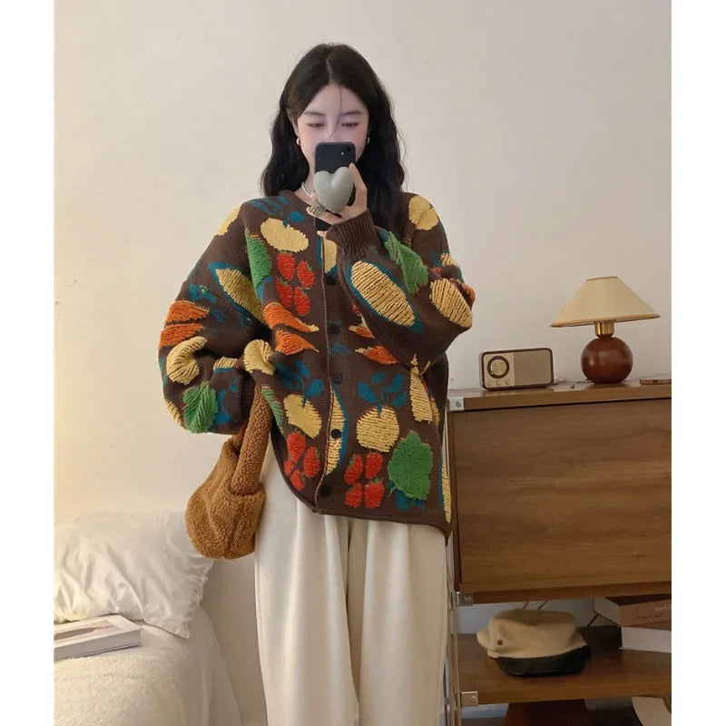 Women Sweaters Cardigan Print Floral Coats Full Sleeve Knitted Loose Jumpers Coat Top Regular Splice Single Breasted Outerwear