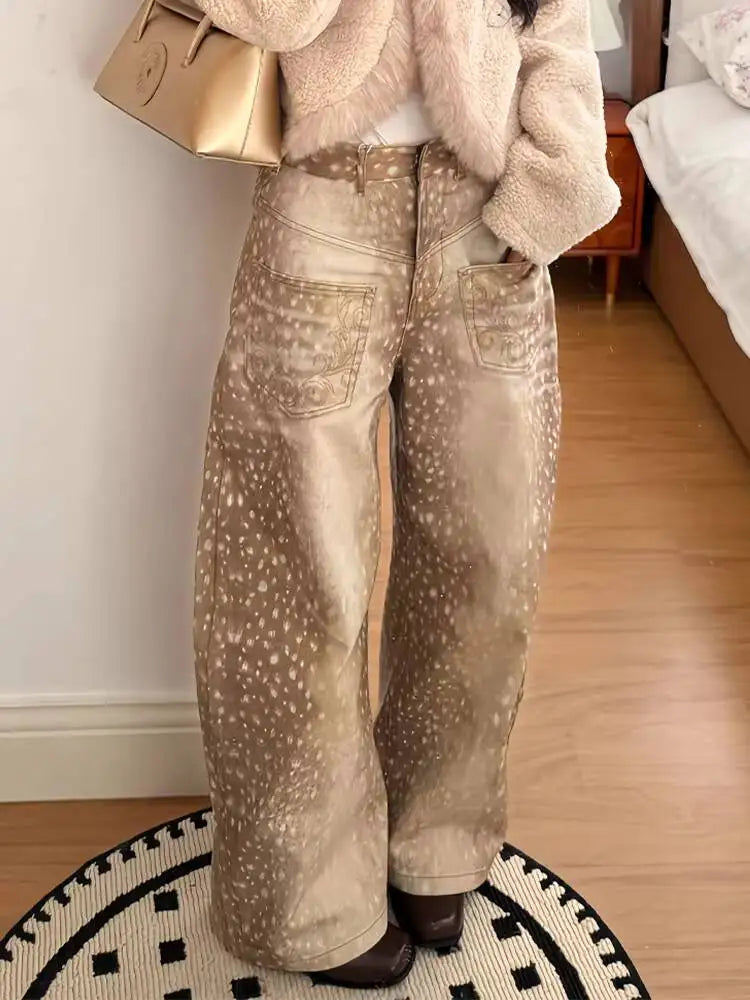 WHOHOLL Women's Jeans 2026 Spring Retro E Girl Jeans Color Block Embroidered Distressed Deer Polka Dot Print Wide Leg Floor Length Pants