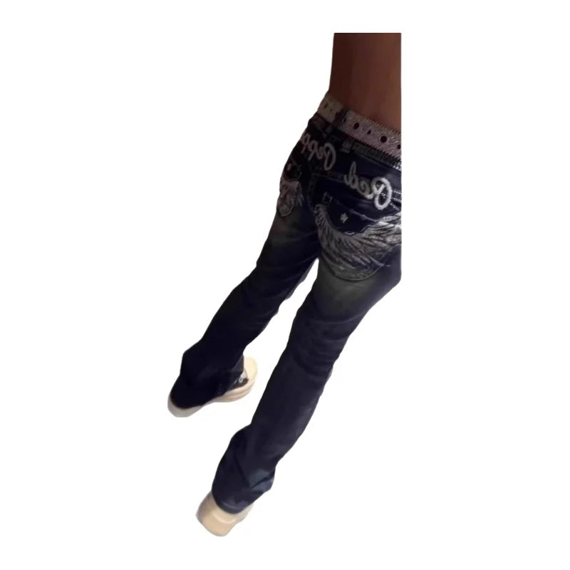 Low Waist American Minimalist Design Embroidered Wings Women's Jeans Versatile Micro Flared Pants Straight Leg Long Trousers
