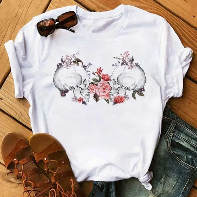 Fashion Leopard Skull Printed Women T-shirt Summer Loose Black Female T-shirt Casual Round Neck Harajuku Tops Woman Clothes