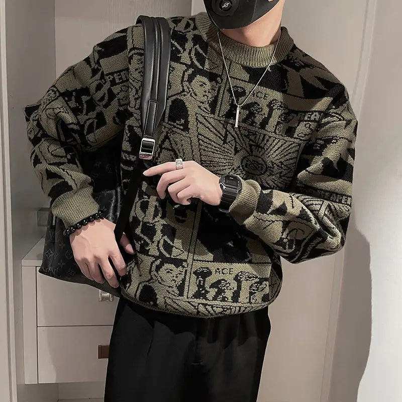 Floral Sweater for Men's Spring and Autumn Trendy Bottoming Shirt for Long Sleeves, Personalized Fashion Knitted Sweater