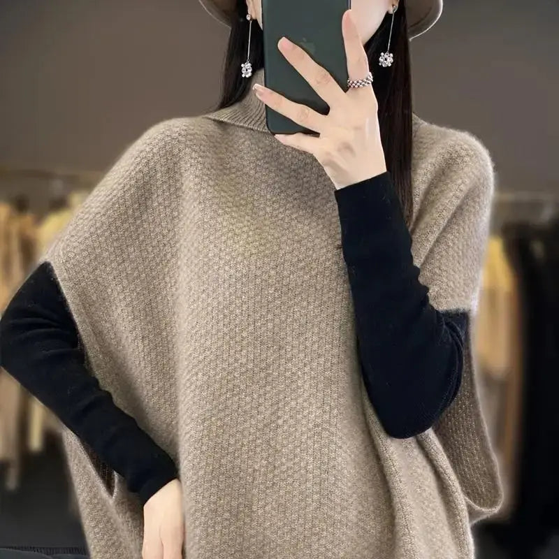 Women Batwing Sleeve Sweaters Knitting Vest Casual High Collar Elegant Solid Sweaters Loose-fit Sleeveless Waistcoat Pullover