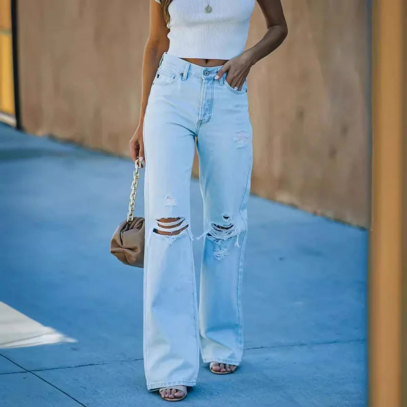 LIXZ Women's Light Washed Ripped Denim Jeans Casual Trendy High Waist Straight Leg Pants