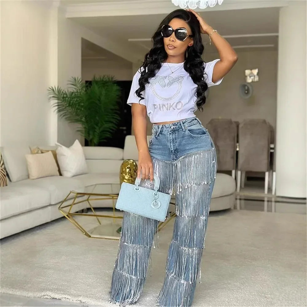 Qmansha Women's Jeans Casual Fashion Street Sequins Fringe Design Straight Jeans High Waisted Blue Jeans for Women Pants