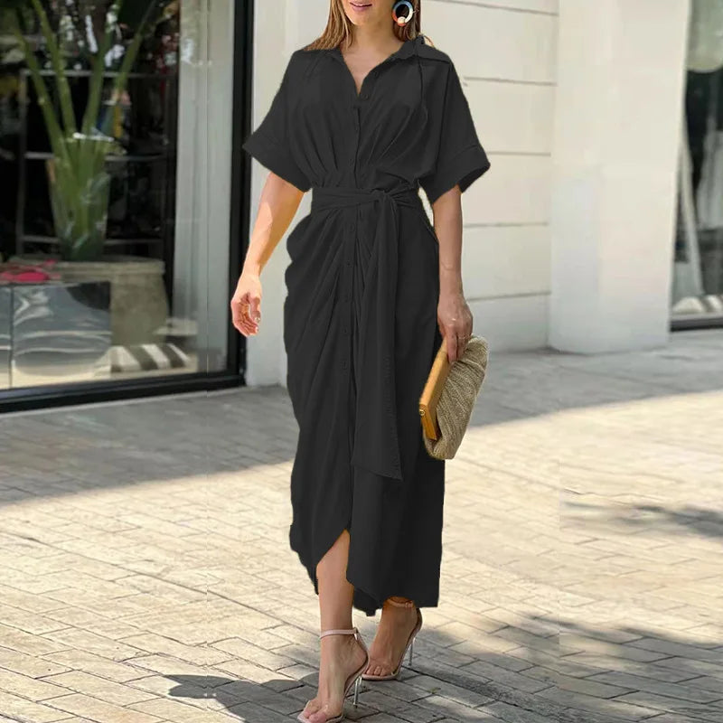 Elegant Dresses For Lady Vestidos 2026 Woman Dress Vestido Commuting Temperament Printed Irregular Leace-up Lapel Slim Contrast