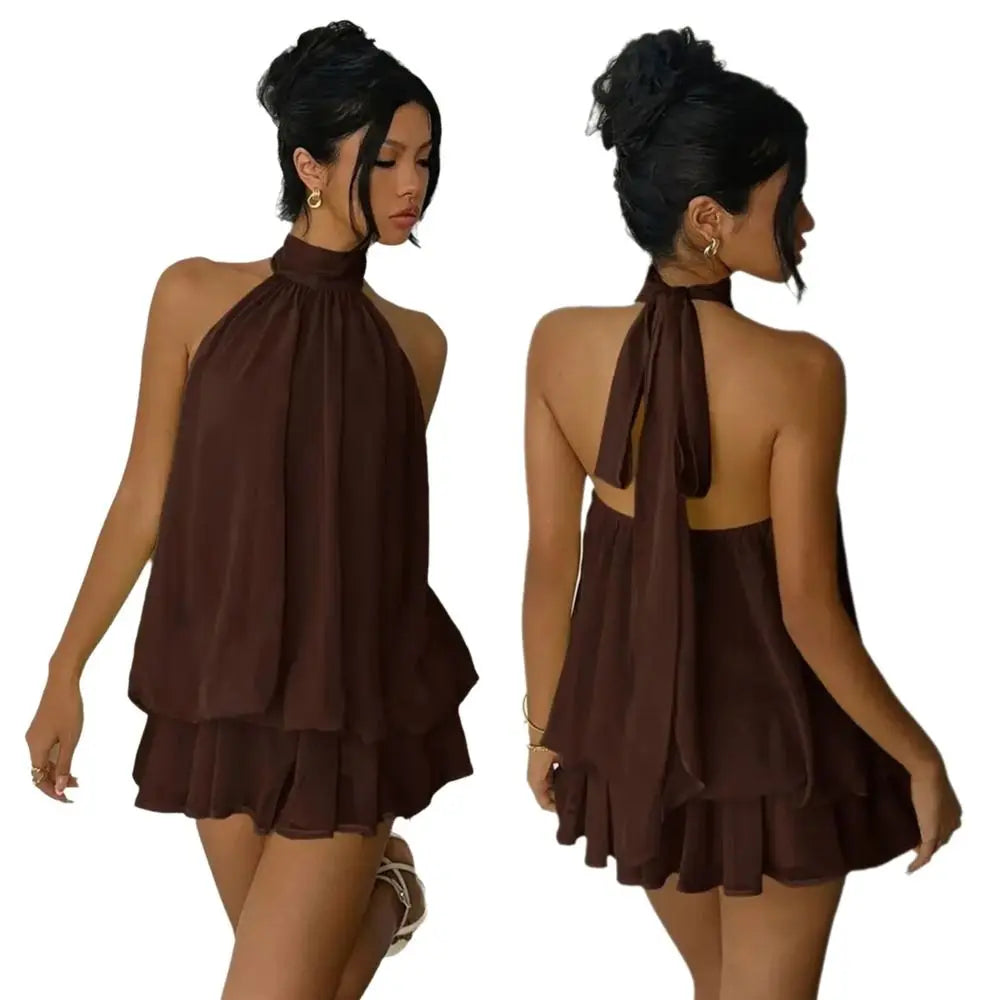 New Halter Tie Party Dress Backless Chiffon Going Out Dresses Sleeveless Ruffle Brunch Outfit