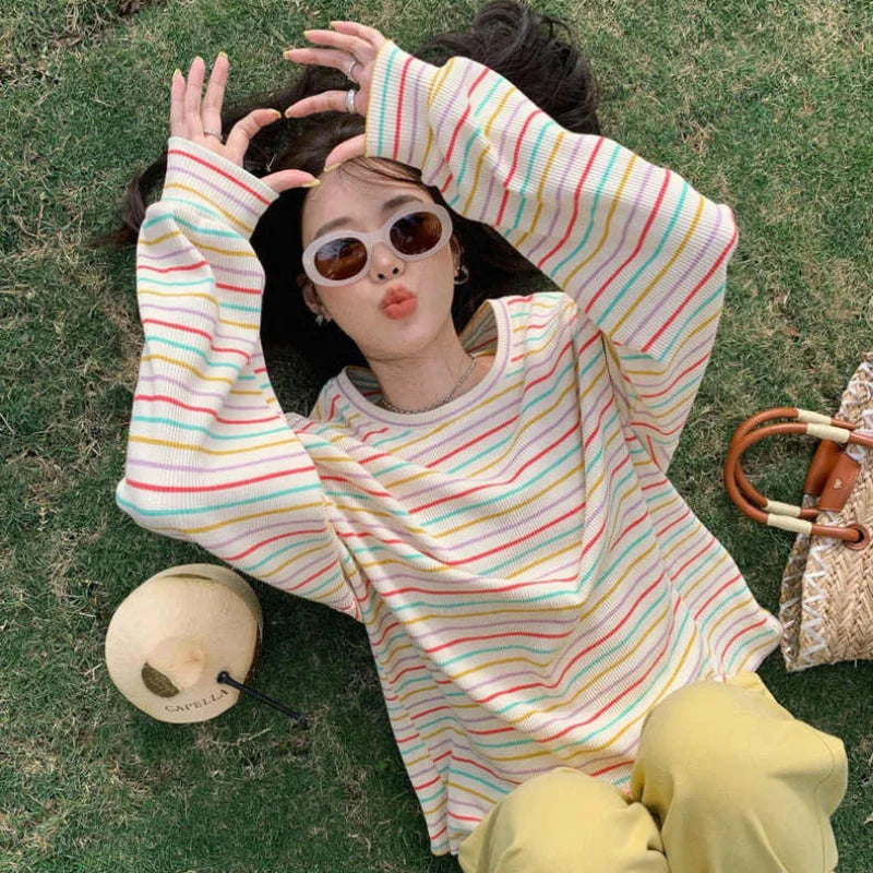 Long Sleeve T-shirts Women Striped Fashion Spring Cozy Loose Casual Panelled Korean Style Students All-match Lovely Female Chic