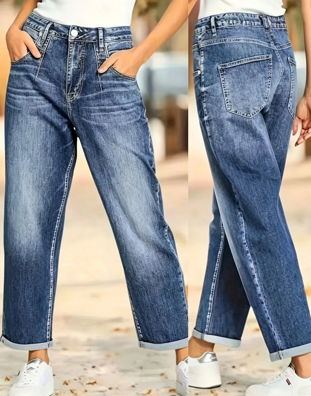 Women's Blue High-Waisted Jeans, Relaxed-Fit Slimming Straight-Leg Cropped Jeans with Rolled Hems