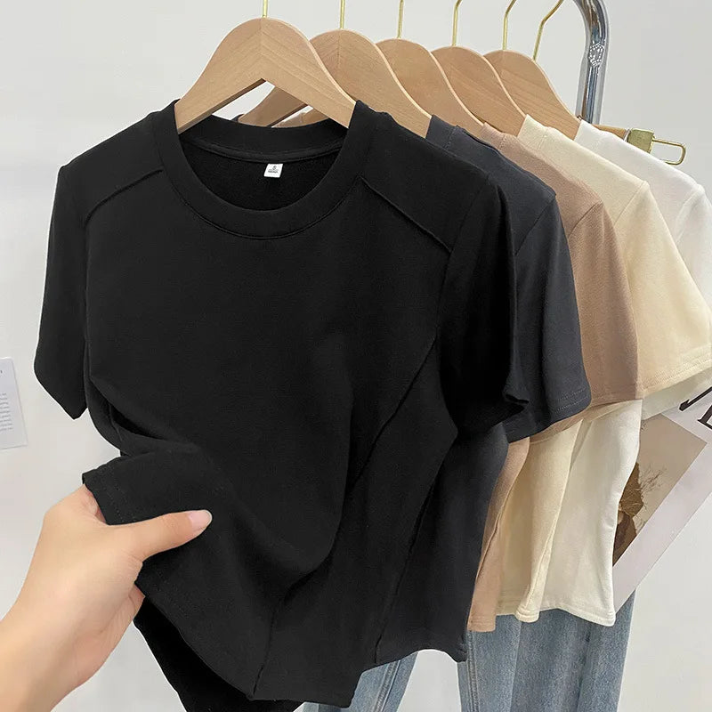 Women's T Shirts Solid Color Round Neck Short Sleeve Slim Versatile T Shirts Women 2026 Summer Fashionable Age Reduction Tops