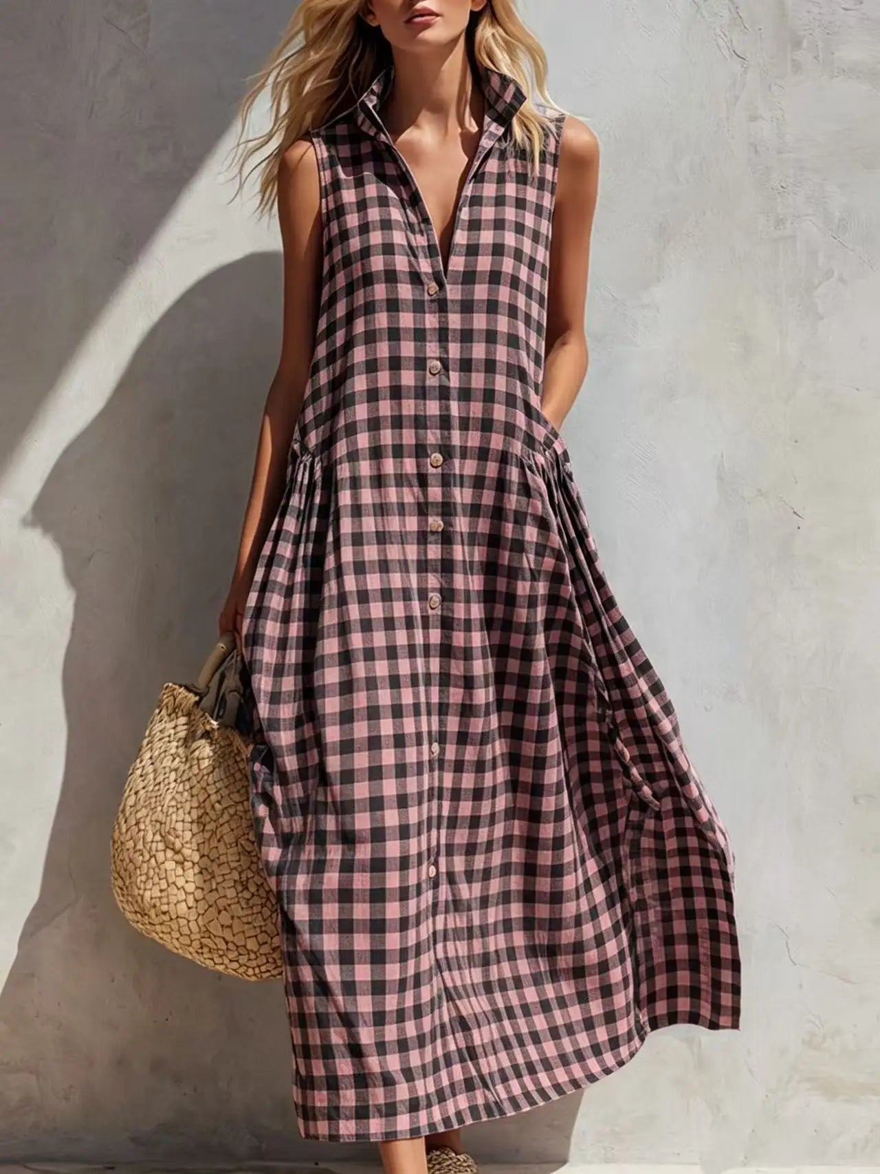 Plaid Sleeveless Vichy Single-breasted Fashion Resort Style Seaside Loose Long Skirt Dresses Ropa Mujer Roupas Feminina