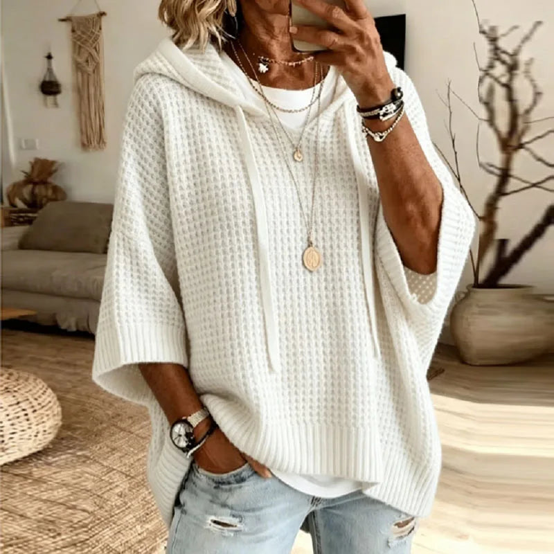 Women Knit Hooded Sweaters Drawstring Hood V Neck 3/4 Sleeve Loose Pullovers Solid Soft New Casual Autumn Winter Streetwear Tops