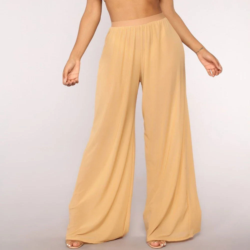 See Through Boho Wide Leg High Waist Trousers Beach Long Loose Mesh Sheer Pants
