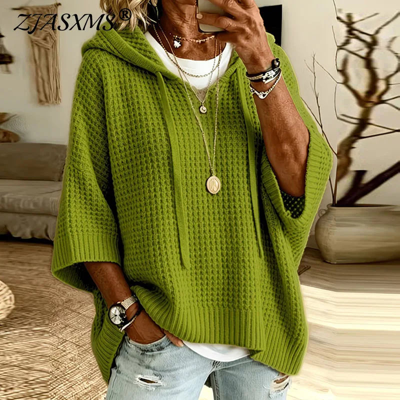 Women Knit Hooded Sweaters Drawstring Hood V Neck 3/4 Sleeve Loose Pullovers Solid Soft New Casual Autumn Winter Streetwear Tops