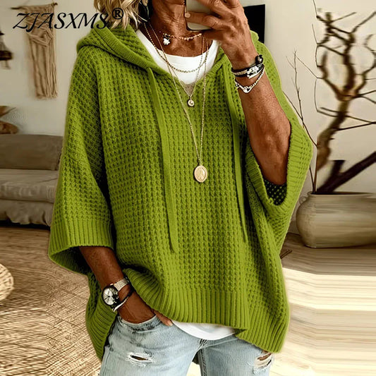 Women Knit Hooded Sweaters Drawstring Hood V Neck 3/4 Sleeve Loose Pullovers Solid Soft New Casual Autumn Winter Streetwear Tops