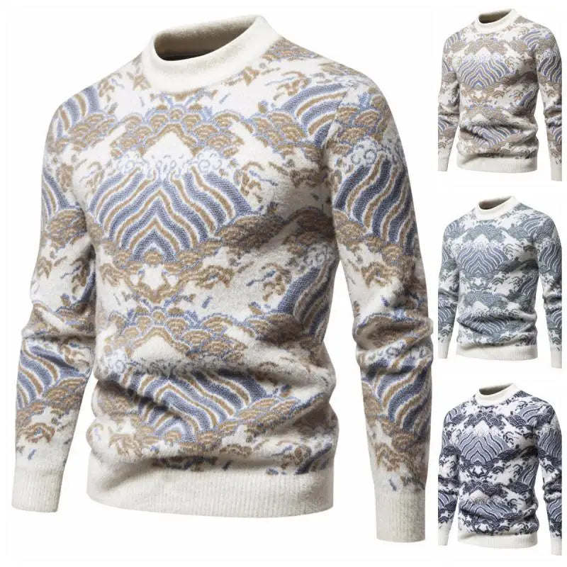 Men's Oversized Mohair Sweater Soft Long Sleeve Wave Print Pullover Knit Top for Spring Autumn Casual Streetwear Winter Wear