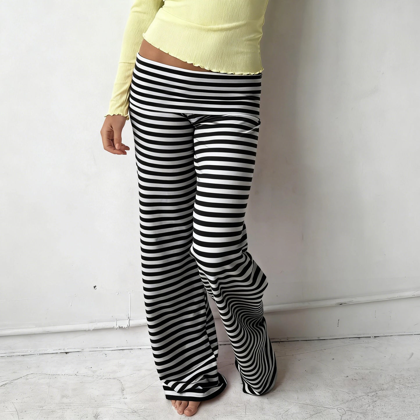 Hirigin Y2K Fold Over Wide Leg Pants Preppy Striped Patchwork Low Waist Trousers Casual Lounge Yoga Sweatpants