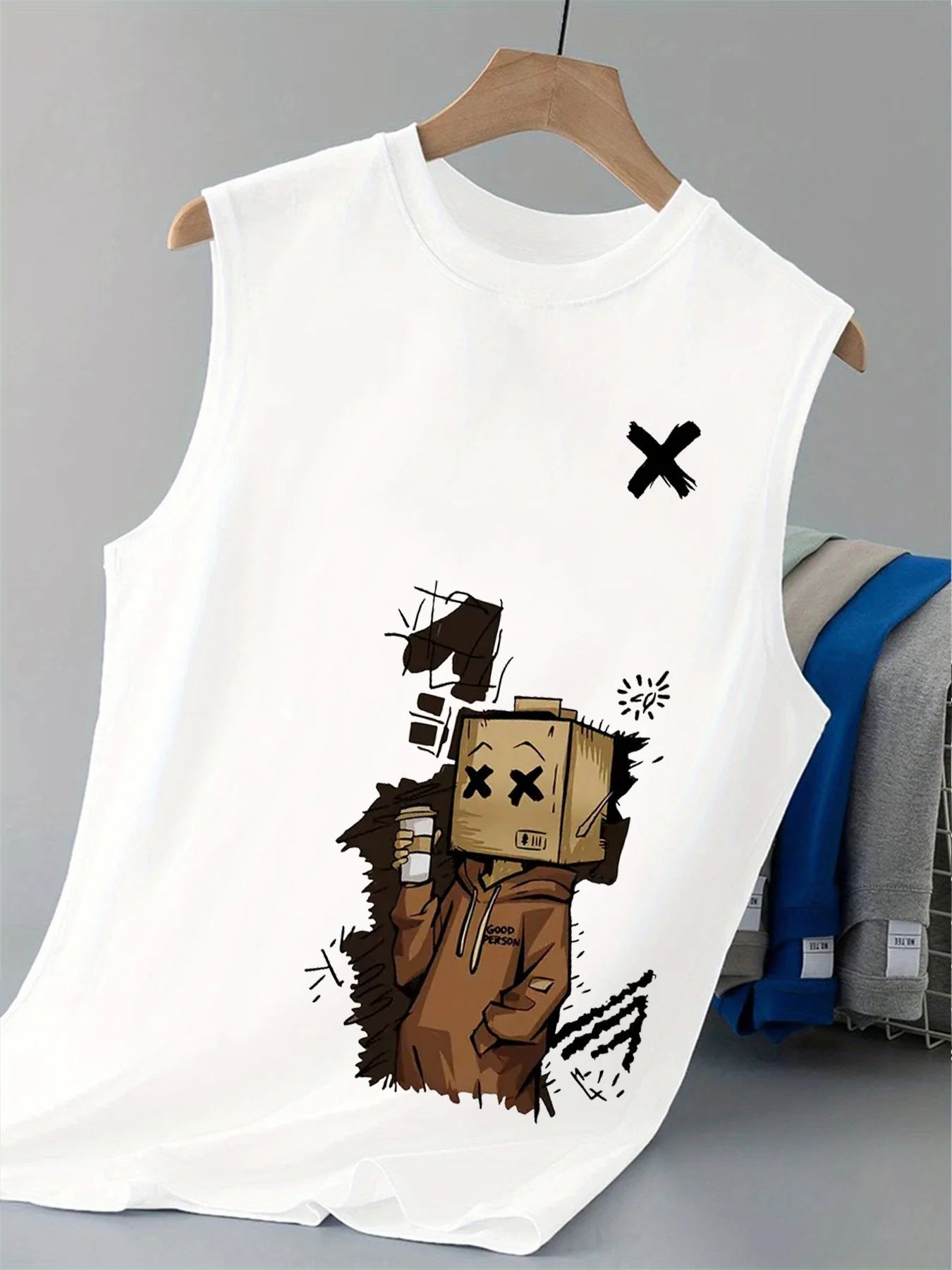 100% pure cotton men's summer fashion casual sports loose trend doll graffiti print breathable round neck sleeveless vest