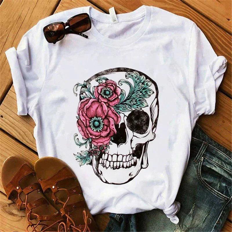 Fashion Leopard Skull Printed Women T-shirt Summer Loose Black Female T-shirt Casual Round Neck Harajuku Tops Woman Clothes