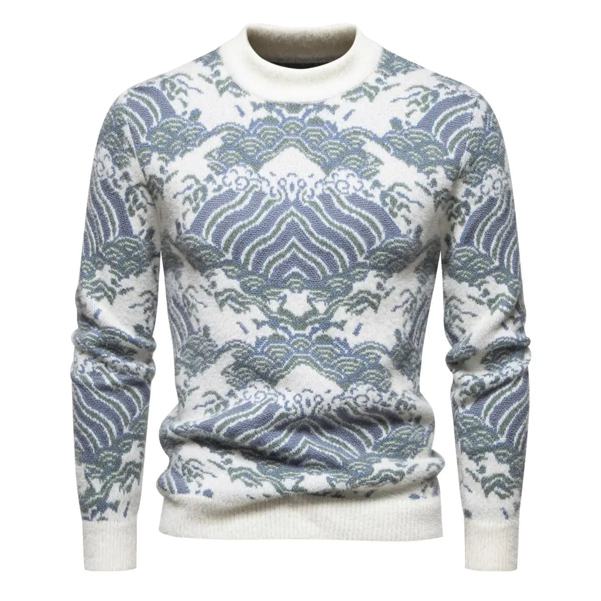 Men's Oversized Mohair Sweater Soft Long Sleeve Wave Print Pullover Knit Top for Spring Autumn Casual Streetwear Winter Wear