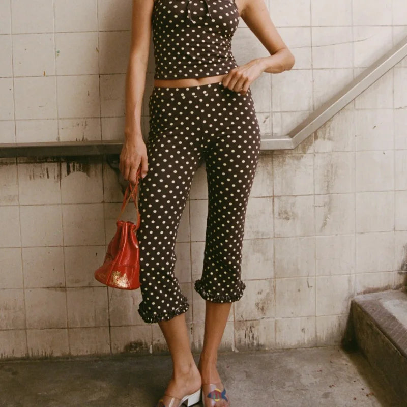 Low Rise Elastic Waist Capri Pants Y2k Knee Length Cropped Leggings 00s Summer Dot Print Crop Tights Bottoms Streetwear