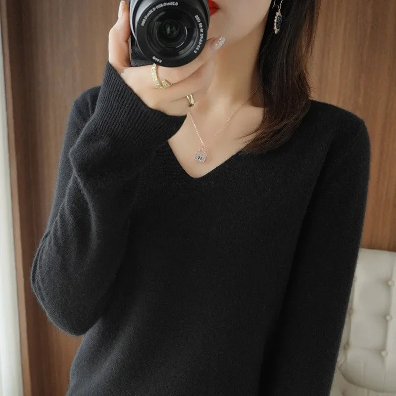Women's Sweater 2025 Autumn Winter Knitted Pullovers V-neck Slim Fit Bottoming Shirt Solid Soft Knitwear Jumpers Basic Sweaters