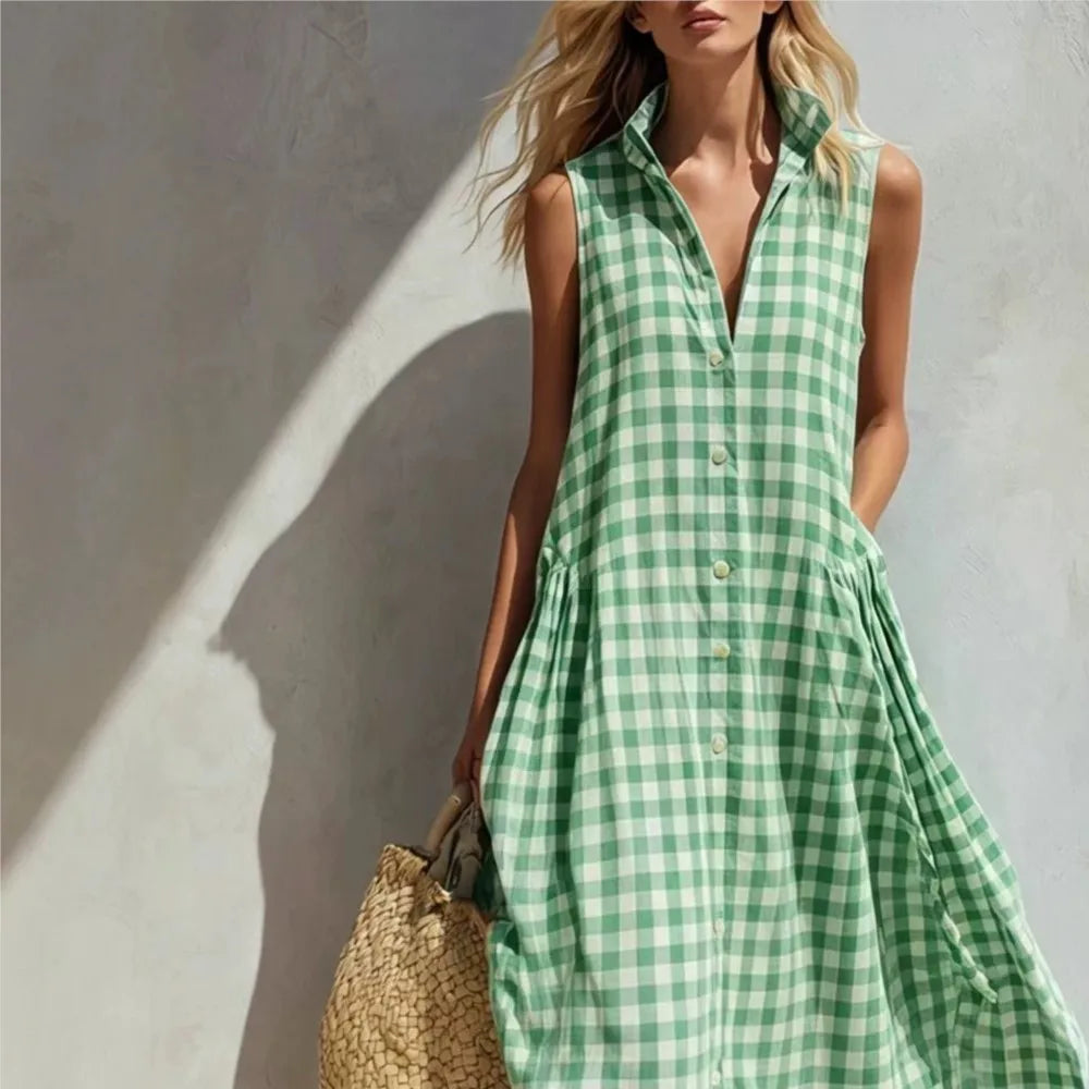 Plaid Sleeveless Vichy Single-breasted Fashion Resort Style Seaside Loose Long Skirt Dresses Ropa Mujer Roupas Feminina
