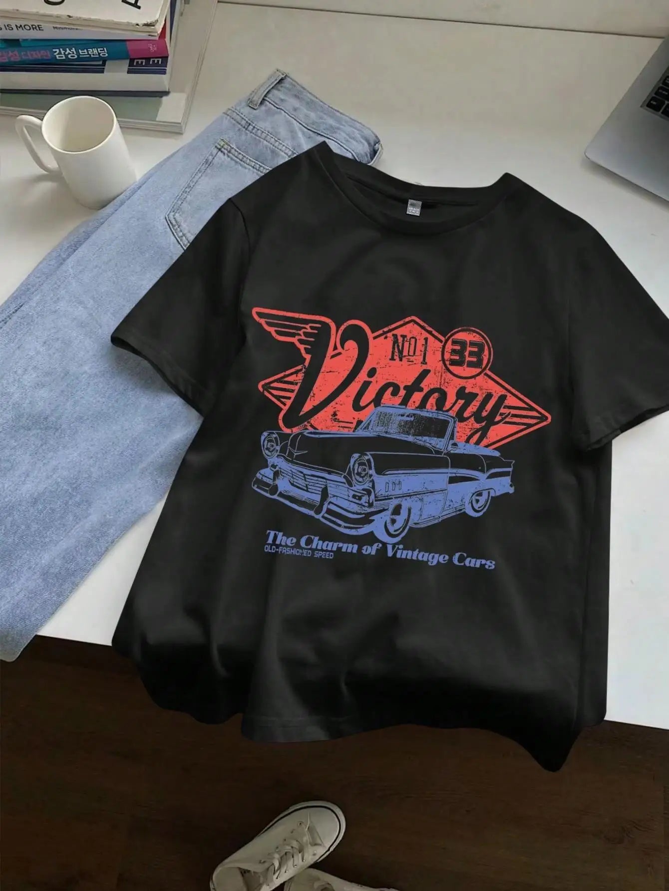 Women T-shirts The Charm Of Vintage Cars Victory Printing Short Sleeve O-Neck Tops Summer Street Clothes