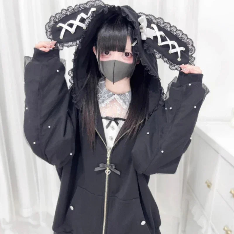 Japanese Kawaii Bunny Ear Hoodie Sweet Lace Rabbit's Ears Lolita Style Zipper Jackets Harajuku Kawaii Lace Bow Zipper Coat