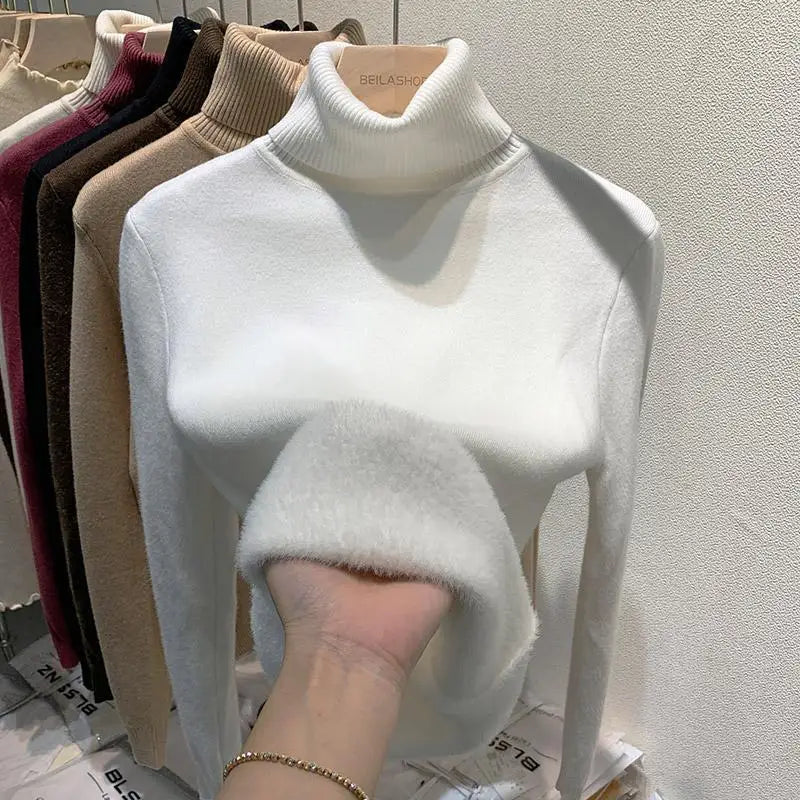 Women's Clothing Sweaters High Collar Knitted Top 2023 Autumn Winter plush thickened lining black long sleeved bottom Pullovers
