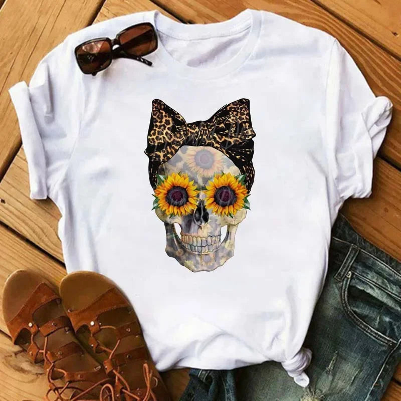 Fashion Leopard Skull Printed Women T-shirt Summer Loose Black Female T-shirt Casual Round Neck Harajuku Tops Woman Clothes