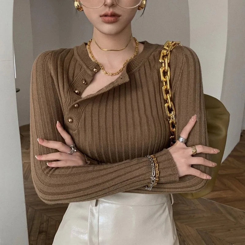Knitted Sweaters For Women High Quality 2025 Trend Pullover Female Sweater Vintage Brown Striped Cropped Long Sleeve Cute Tops