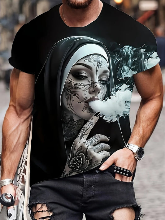 Men's  with Smoking Nun 3D Graphic T-Shirt Black Casual Summer Tee Short Sleeves Polyester  Streetwear T-Shirts Vintage Clothing