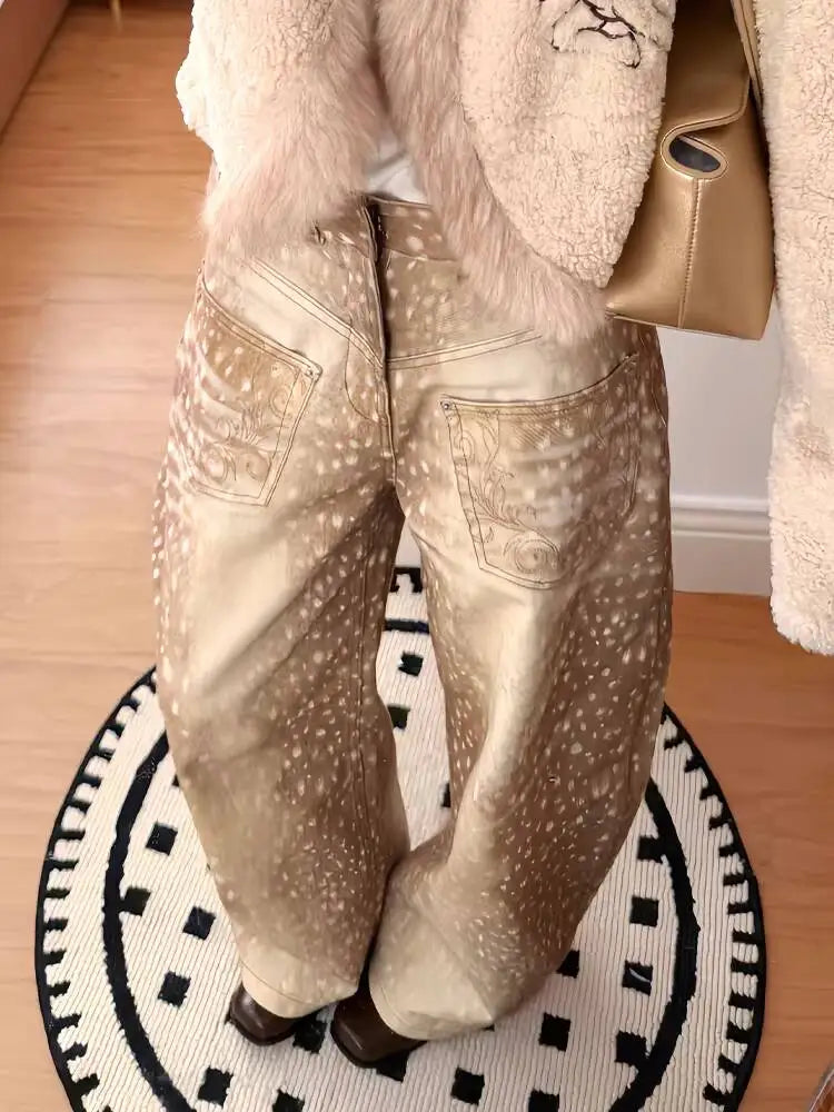 WHOHOLL Women's Jeans 2026 Spring Retro E Girl Jeans Color Block Embroidered Distressed Deer Polka Dot Print Wide Leg Floor Length Pants