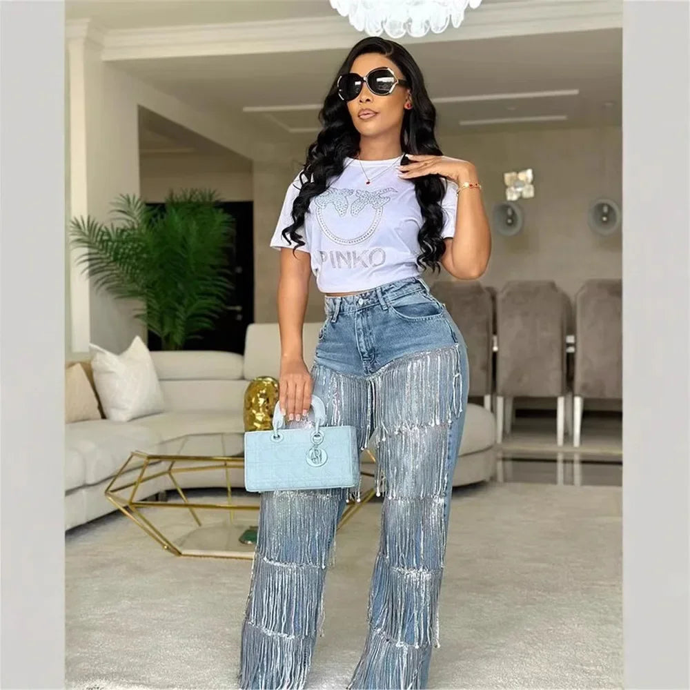 Qmansha Women's Jeans Casual Fashion Street Sequins Fringe Design Straight Jeans High Waisted Blue Jeans for Women Pants
