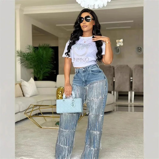 Women's Jeans Casual Fashion Street Sequins Fringe Design Straight Jeans High Waisted Blue Jeans for Women Pants