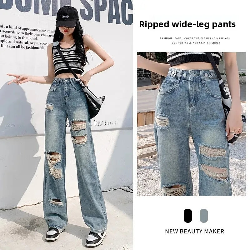 Trendy Ripped Straight Leg Jeans Women's Spring Summer High Waist Loose Wide Leg Pants Slimming Design Casual Denim Jeans
