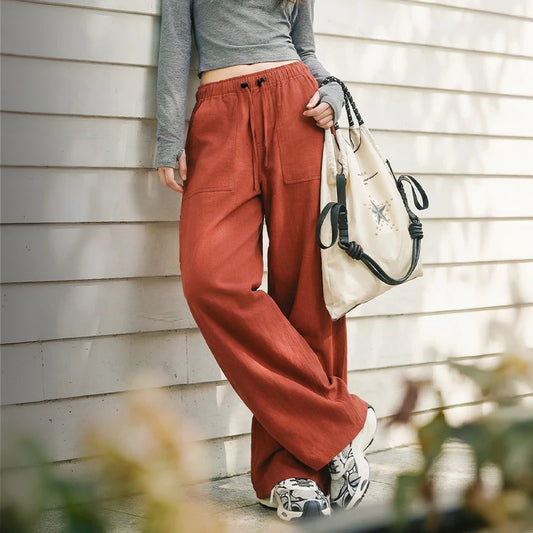 Maden Women's Cargo Pants Lightweight Cotton Elastic Waist Wide Leg Loose Straight Utility Pocket Casual Trousers