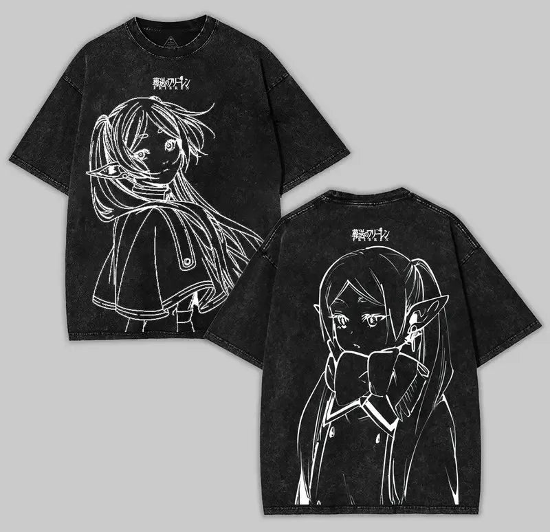 Harajuku Anime Frieren Beyond Journey's End T-shirt Unisex Clothing Washed Oversized T Shirt Short Sleeve Cotton Tees Tops