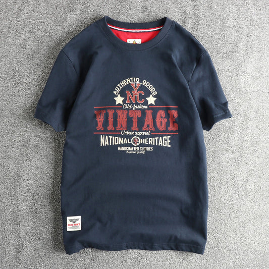 2025 Summer New American Retro Short Sleeve O-neck Letter Printed T-shirt Men's Fashion 100% Cotton Washed Casual Youth Tops