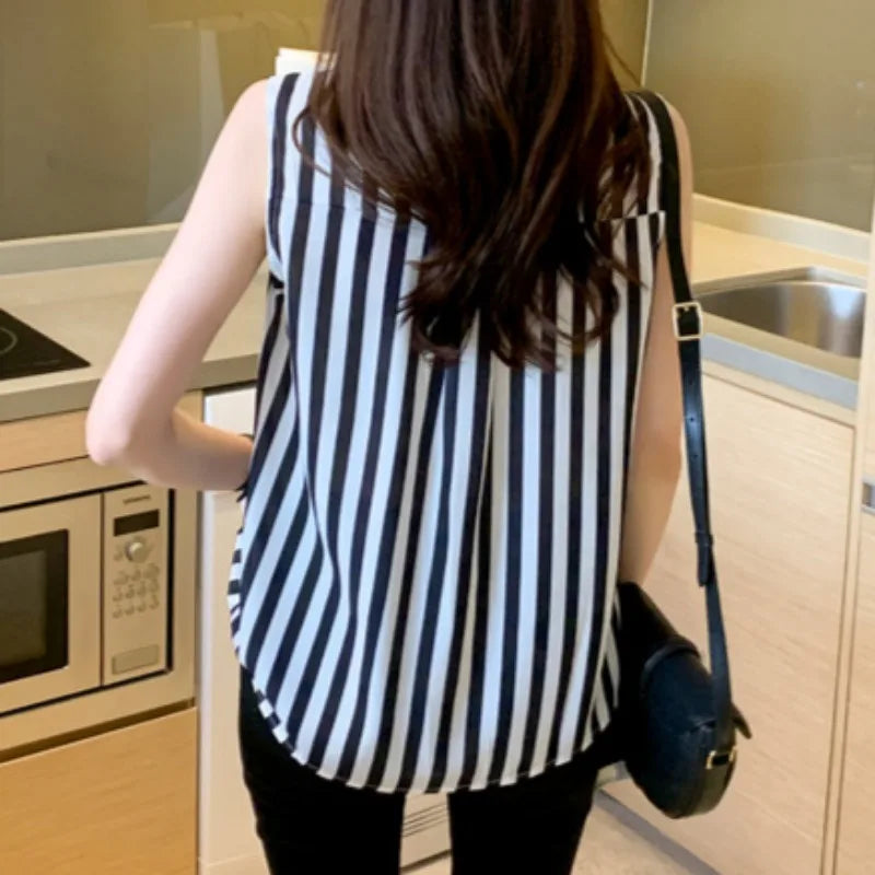 Ins Shirts for Women Striped Sleeveless Summer Tops All-match Sweet Cool Casual Turn-down Collar Single Breasted Chic Elegant