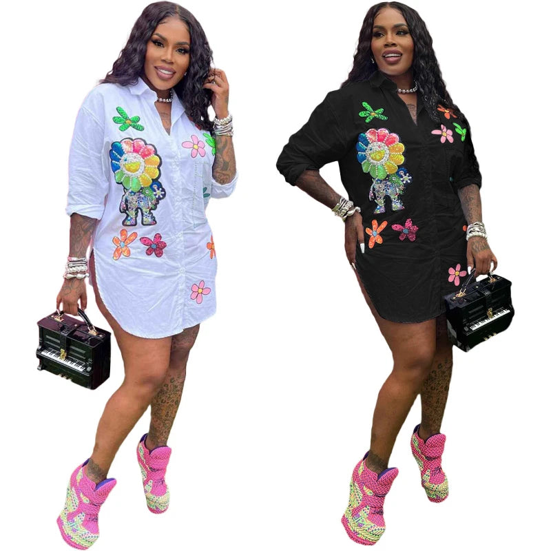 Women Shirts Print Pearls Turn Down Collar Button Elegant Lady Blouses Full Sleeve Spliced Loose Casual Shirt Spring 2025