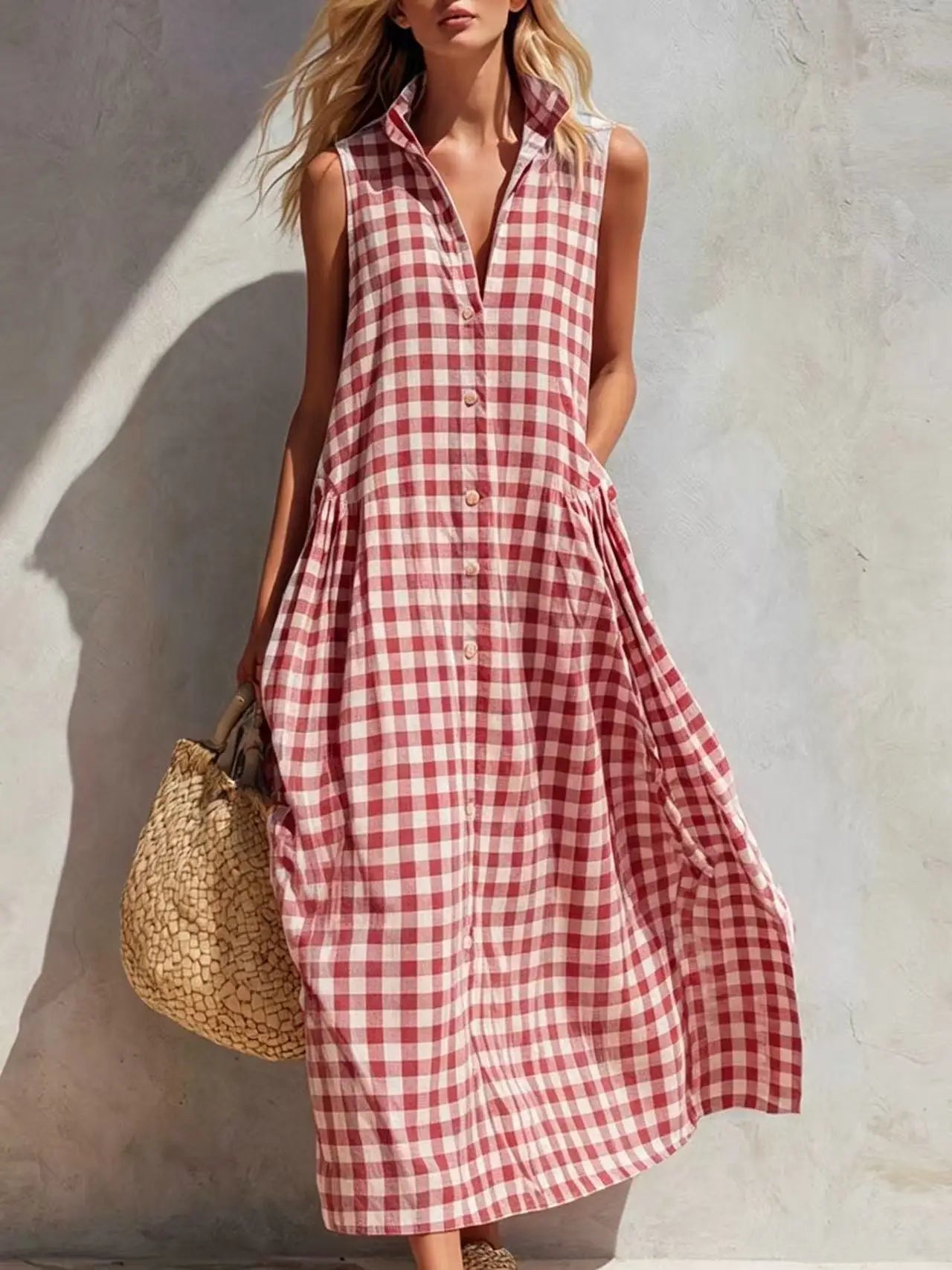 Plaid Sleeveless Vichy Single-breasted Fashion Resort Style Seaside Loose Long Skirt Dresses Ropa Mujer Roupas Feminina