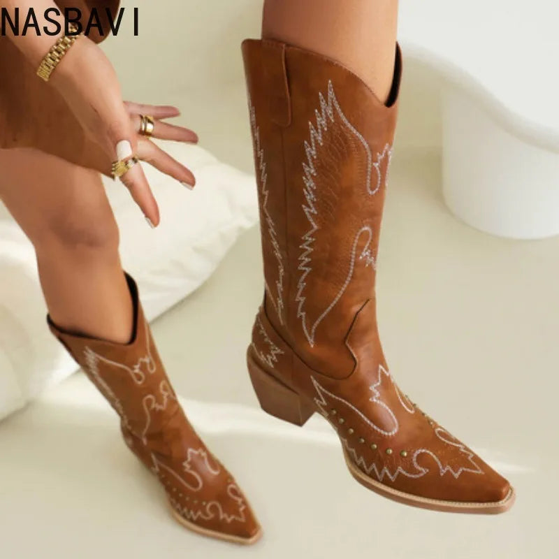 NASBAVI Red Embroidered Pointed Toe Western Knee High Wide Calf Cowgirl Boots